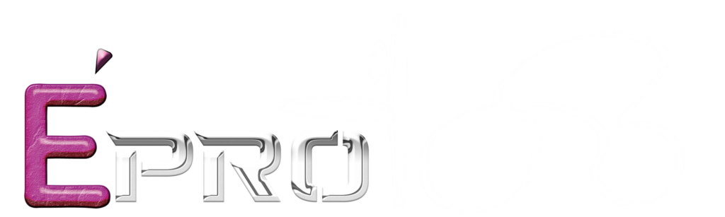Logotipo sin fondo de épro, con colores fucsias y plateados.