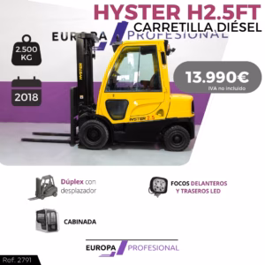 Yellow Hyster forklift with price 13.990€ displayed in gray bubble; model H2.5FT, 2,500 kg load capacity, 2018, European Professional ad context.