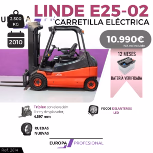 Linde E25-02 electric forklift promo with price 10,990€ and 12‑month battery verification banner, forklift shown in red/black.