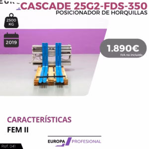 Product image of a blue forklift fork positioner mounted on a wooden pallet against a purple backdrop, with capacity tag and price visible.