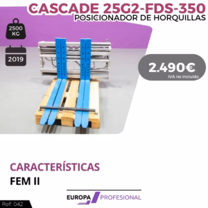 Accesorio de montacargas azul sobre un pallet; Cascade 25G2-FDS-350, 2500 kg, 2019, 2.490 € (IVA no incluido).