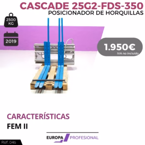 CASCADE 25G2-FDS-350, posicionador de horquillas azul sobre tarima, ficha de producto y precio 1.950€ (IVA no incluido)
