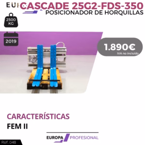 Product advertisement for Cascade 25G2-FDS-350 forklift fork positioner with 2500 kg capacity (2019), price 1,890€; includes Europa Profesional branding.