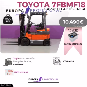 Toyota forklift (orange) indoors against a purple backdrop; price banner 10,490€ and a 12‑month battery verification badge visible; capacity 1,800 kg icon on left