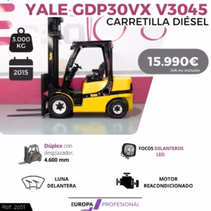 Forklift Yale GDP3OVX V3045, yellow and black, 3,000 kg capacity, year 2015, price 15,990€ (IVA no incluido).