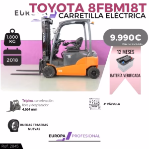 Promotional image of a Toyota electric forklift (1,800 kg, 2018) on a purple backdrop with pricing of 9.990€ and a 12-month battery offer; Europa Profesional logo visible.