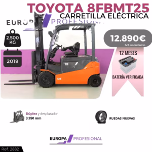 Electric forklift Toyota 8FBMT25, 2,500 kg capacity, orange and gray, price 12,890€ with 12 months battery verification