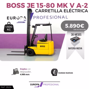 Electric forklift BOSS JE 15-80 MK V A-2 with 1,500 kg capacity; price 5,890€ (VAT not included).