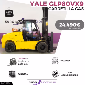 Yellow Yale forklift with 8,000 kg capacity on display; price 24,490€ excluding VAT.