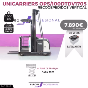 Forklift with purple branding and price tag: 7,890€; shows battery, working height 7,050 mm text in Spanish: Altura de trabajo 7.050 mm (Unicarriers).