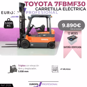 Toyota forklift in orange on display with a 3,000 kg capacity label and a price tag of 9,890€ with a 12‑month battery verification badge in the corner.