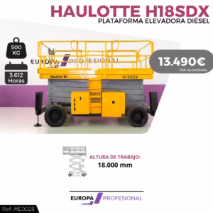 Ad for Haulotte H18SDX diesel aerial lift; yellow platform with price 13,490€ against a white/purple background.
