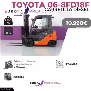 Carretilla elevadora diésel Toyota 06-8FD18F en fondo blanco y morado; precio 10.990€; capacidad 1.800 kg y año 2015; muestra versión Tríplex y cabinada en la sección inferior.