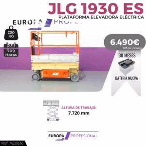 Promotional banner for JLG 1930 ES electric platform lift with price 6,490€ and 30-month battery offer, showing dimensions and company branding.