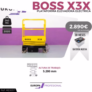 Banner for BOSS X3X electric scissor lift: yellow platform on purple wall, 5,200 mm working height, price 2,890€ with new battery option, 30 months.