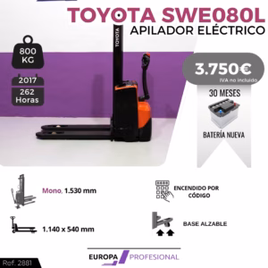 Electric pallet stacker in orange and black against a purple backdrop, 800 kg capacity, 2017 model with 262 hours.