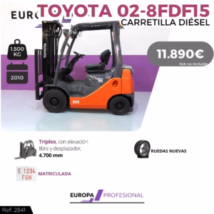 Forklift truck advertisement: orange and gray Toyota diesel forklift against a purple backdrop with large text showing model, weight capacity (1,500 kg), year (2010), and a €11,890 price badge; branding at bottom.