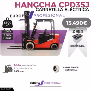 Electric forklift on a showroom banner display with price tag 13,490€ and 'Hangcha' branding