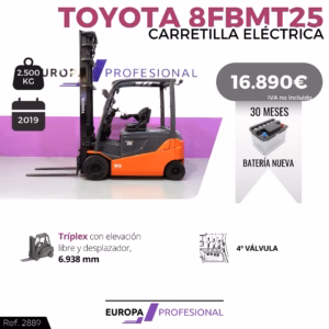 Promotional poster for a Toyota electric forklift (2,500 kg capacity) with price 16,890€ and a note of a new battery, 30 months, Europa Profesional branding.