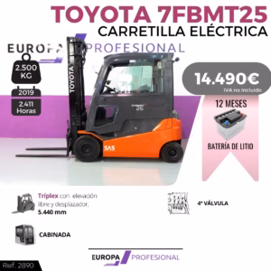 Promotional image of a Toyota forklift (7FBMT25) with price 14,490€ and a lithium battery offer on the side banner.