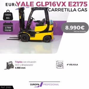 Advertisement image: yellow Yale gas-powered forklift on a purple/white background, showing capacity 1,600 kg, 2,789 hours, price 8.990€ (IVA no incluido).