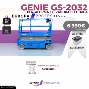 Blue Genie GS-2032 electric aerial lift on a white and purple backdrop; price 6,990€ and 30-month battery offer, capacity 363 kg.