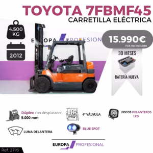 Toyota 7FBMF45 electric forklift on sale, 4,500 kg capacity, 2012 model, price 15,990€ (IVA no incluido).