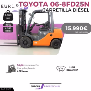 Promotional banner for a Toyota diesel forklift (2,500 kg capacity), showing 2016 model with 4,055 hours, price 15,990€ (IVA not included) with related specs and branding