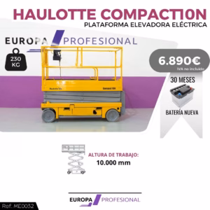 Banner showing a yellow Haulotte Compact 10N electric aerial lift with 230 kg load; price 6.890€; 10,000 mm working height; battery offer text visible.