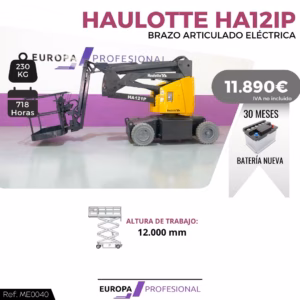 Promotional image of a Haulotte HA12IP electric articulating boom lift on wheels; price €11,890, 230 kg capacity, 12,000 mm max work height, new battery (30 months).