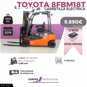 Promotional image of a Toyota electric forklift (model 8FBM18T) with price 9.890€ and a 12-month battery verification badge; ad background with pink and white design.