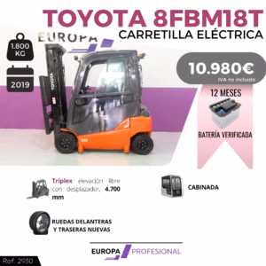 Advertisement for Toyota 8FBM18T electric forklift featuring a gray-and-orange forklift centered on a purple-and-white backdrop, with price 10,980€ (IVA not included) and a 12‑month battery offer. Left badge shows 1,800 kg capacity and 2019 year; right side highlights a battery verification graphic. Overall branding for Europa Profesional.
