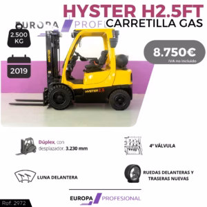 Yellow Hyster forklift H2.5FT with black base, yellow cab, and forks visible; shows 2,500 kg capacity, 2019, and price 8,750€ (IVA not included) with branding in background.