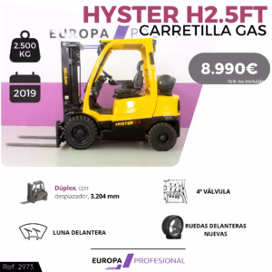 Yellow Hyster forklift on display with 2,500 kg capacity and 2019 tag, priced at €8,990 (IVA excluded).