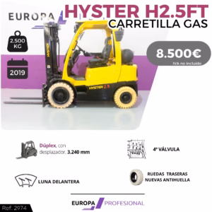 Infographic for Hyster H2.5FT gas forklift: yellow forklift on white background with purple accents, price 8,500€, 2019 model, 2,500 kg capacity; features include duplex mast, 3,240 mm reach, 4th valve, anti-wheel tires, and front support components.