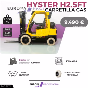 Promotional image: yellow Hyster H2.5FT forklift with price 9,490 €, capacity 2,500 kg, year 2019, 8,434 hours shown.
