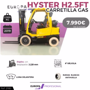 Yellow Hyster H2.5FT gas forklift on display with price 7.990€, 2,500 kg capacity, Europa Profesional branding.