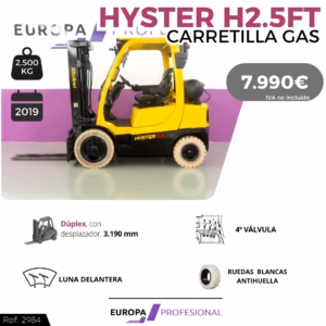 Yellow Hyster H2.5FT gas forklift with 2,500 kg capacity, 2019 model, price 7,990€ (excl. VAT) in a promo banner.