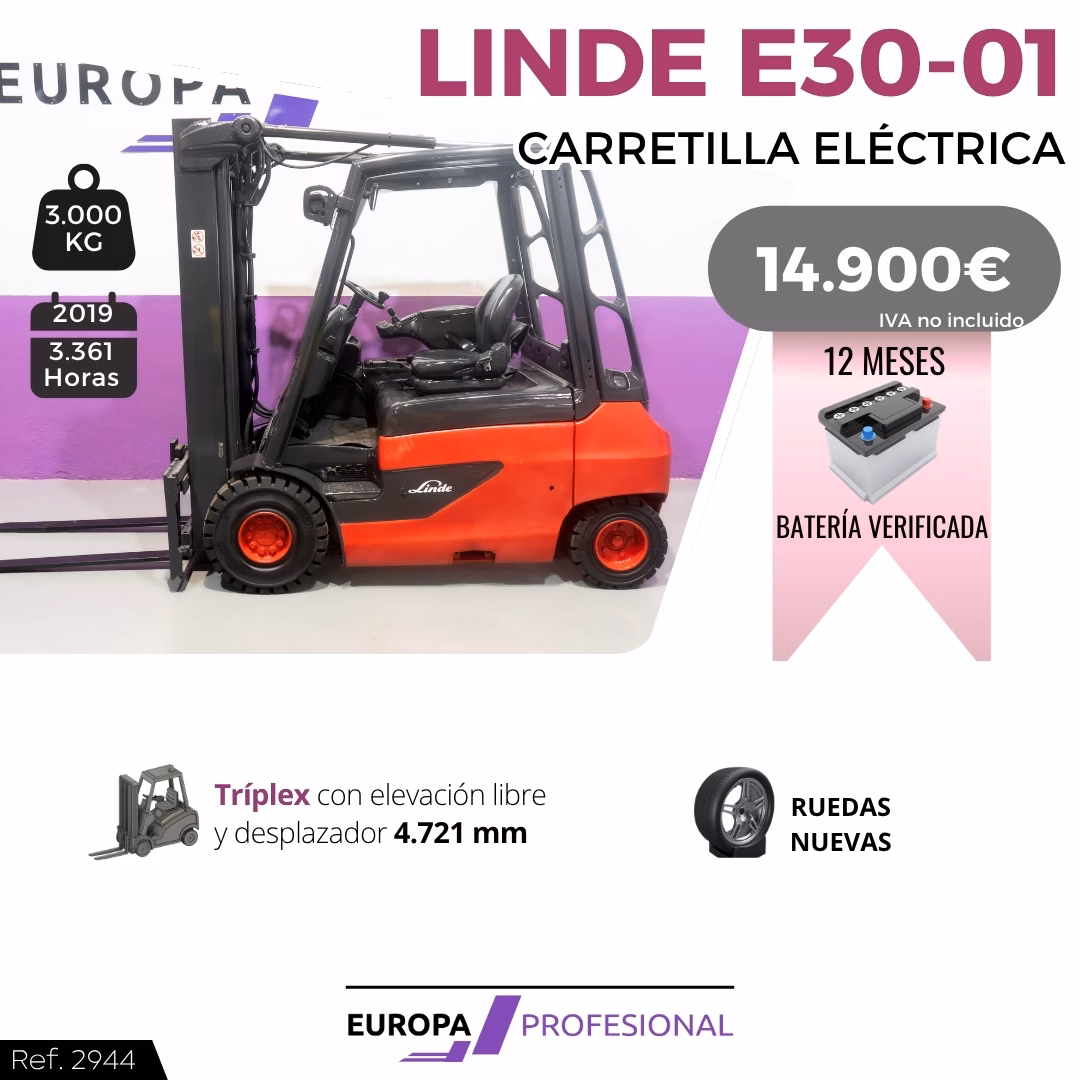 1 - EUROPA PROFESIONAL Electric forklift LINDE E30-01 with 3,000 kg capacity, 2019 model, 3,361 hours; price 14,900€; battery verified; Europe Profesional ad