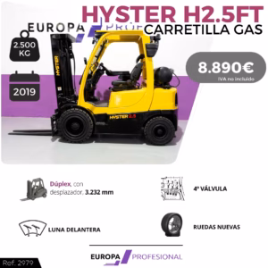 Advertising banner for a Hyster H2.5FT forklift; yellow forklift with price 8,890€ and feature icons, Europa Profesional logo in the background.