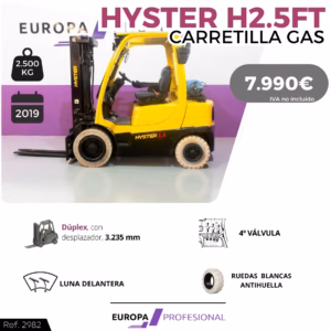 Hyster H2.5FT forklift on sale; 2,500 kg capacity, 2019, €7,990 (IVA no incluido) — Europa Profesional branding.