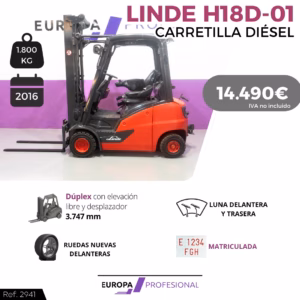 Linde H18D-01 diesel forklift, 1,800 kg capacity, year 2016, price 14.490€ (IVA not included).