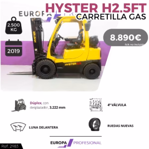 Yellow Hyster H2.5FT gas forklift with price 8,890€ on a purple backdrop